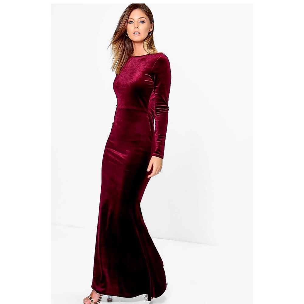 NWT boohoo Velvet Low Back Fish Tail Maxi Dress